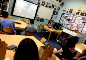 Professor Orlando Figes being interviewed by students at the International School of Toulouse